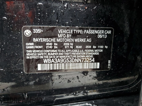 2013 BMW 3 Series 335i z VIN WBA3A9G53DNN73254, wystawiony jako Copart lot #42039625 z przebiegiem Nie podano mil oraz Szkoda całkowita • Salvage title. Historia ofert i sprzedaży dostępna na DreamBid. Obrazek 13.