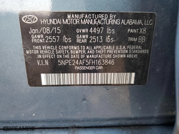 2015 Hyundai Sonata 2.4L SE with VIN 5NPE24AF5FH163846, listed as a Copart auction lot 44414695 with 0 mi miles and Salvage Title. Bid and sale history available at carsss.com. Image 14.