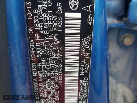 2013 Toyota Prius One with VIN JTDKDTB3XD1555415, listed as a Copart auction lot 81941924 with 93,266 mi miles and Salvage Title. Bid and sale history available at DreamBid. Image 12.