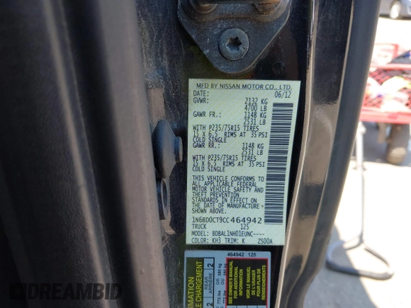 2012 Nissan Frontier SV with VIN 1N6BD0CT9CC464942, listed as a IAAI auction lot 42632294 with 210,226 mi miles and . Bid and sale history available at DreamBid. Image 9.