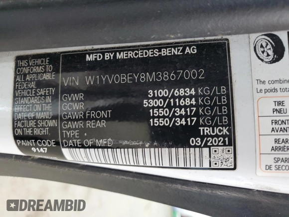 2021 Mercedes-Benz Metris Cargo z VIN W1YV0BEY8M3867002, wystawiony jako Copart lot #84775284 z przebiegiem 5 991 mil mil oraz Czysty tytuł • Clean title. Historia ofert i sprzedaży dostępna na DreamBid. Obrazek 13.