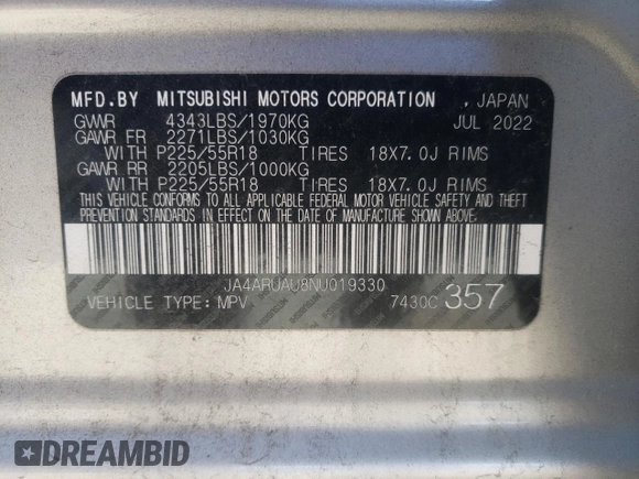 2022 Mitsubishi Outlander Sport ES with VIN JA4ARUAU8NU019330, listed as a Copart auction lot 87734505 with 51,666 mi miles and Salvage Title. Bid and sale history available at carsss.com. Image 15.