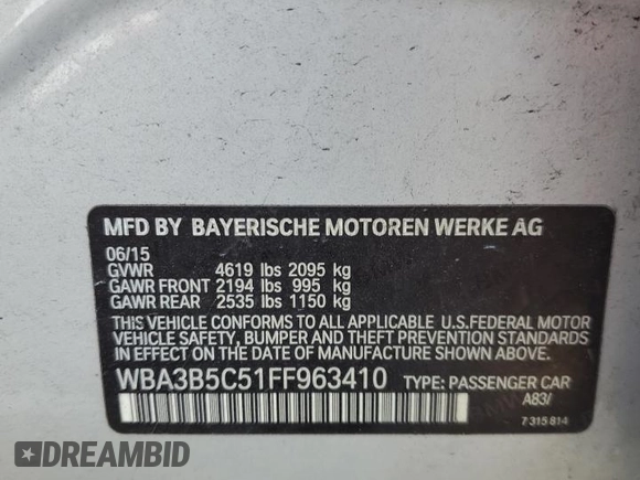 2015 BMW 3 Series 328i xDrive with VIN WBA3B5C51FF963410, listed as a Copart auction lot 85980084 with 122,385 mi miles and Salvage Title. Bid and sale history available at carsss.com. Image 12.