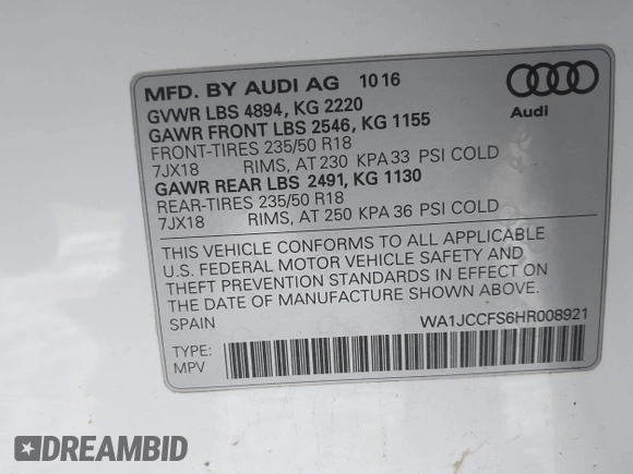 2017 Audi Q3 Premium Plus z VIN WA1JCCFS6HR008921, wystawiony jako IAAI lot #41351675 z przebiegiem 117 158 mil mil oraz . Historia ofert i sprzedaży dostępna na DreamBid. Obrazek 9.