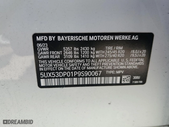 2023 BMW X3 xDrive30i with VIN 5UX53DP01P9S90067, listed as a Copart auction lot 48438295 with 4,400 mi miles and Salvage Title. Bid and sale history available at carsss.com. Image 14.