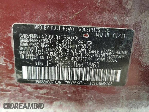 2011 Subaru Impreza Premium with VIN JF1GH6B63BH819963, listed as a Copart auction lot 55691505 with 140,750 mi miles and Clean title. Bid and sale history available at DreamBid. Image 13.