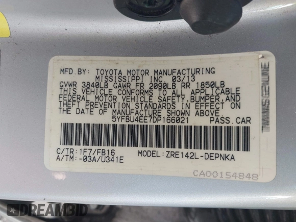 2013 Toyota Corolla L with VIN 5YFBU4EE7DP166021, listed as a IAAI auction lot 42027062 with 179,107 mi miles and . Bid and sale history available at DreamBid. Image 9.