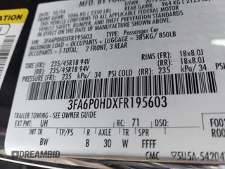 2015 Ford Fusion SE with VIN 3FA6P0HDXFR195603, listed as a IAAI auction lot 42761373 with 105,719 mi miles and . Bid and sale history available at DreamBid. Image 9.