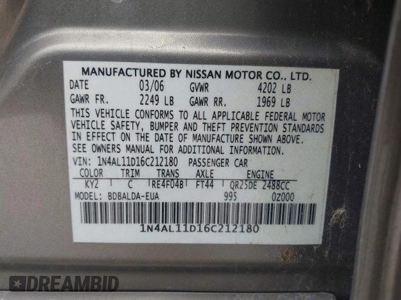2006 Nissan Altima 2.5 S with VIN 1N4AL11D16C212180, listed as a IAAI auction lot 41707177 with 153,131 mi miles. Bid and sale history available at carsss.com. Image 9.