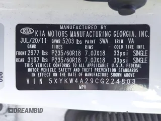 2012 Kia Sorento SX with VIN 5XYKW4A29CG224803, listed as a IAAI auction lot 41493527 with 228,065 mi miles. Bid and sale history available at carsss.com. Image 9.