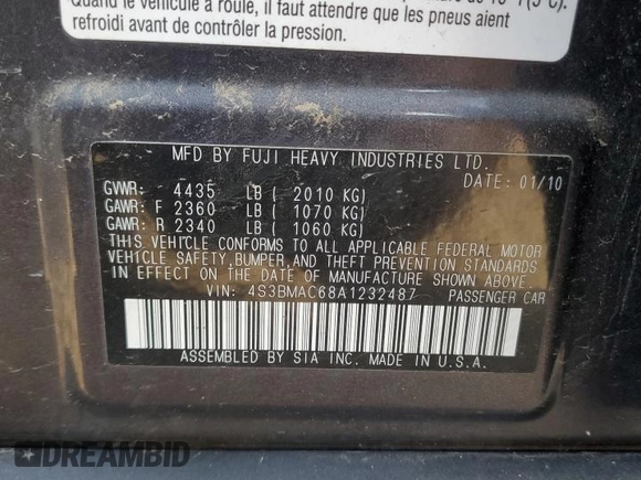 2010 Subaru Legacy Premium All-Weather Anniversary with VIN 4S3BMAC68A1232487, listed as a Copart auction lot 73181284 with Not provided miles and Salvage title. Bid and sale history available at DreamBid. Image 13.