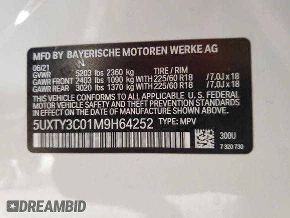 2021 BMW X3 sDrive30i z VIN 5UXTY3C01M9H64252, wystawiony jako Copart lot #54795085 z przebiegiem Nie podano mil oraz Szkoda całkowita • Salvage title. Historia ofert i sprzedaży dostępna na DreamBid. Obrazek 12.