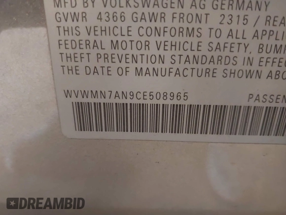 2012 Volkswagen CC Sport with VIN WVWMN7AN9CE508965, listed as a IAAI auction lot 42143188 with 129,205 mi miles. Bid and sale history available at carsss.com. Image 9.