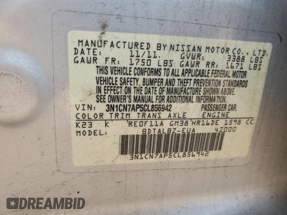 2012 Nissan Versa SV with VIN 3N1CN7AP5CL856942, listed as a Copart auction lot 53145475 with 160,830 mi miles and Clean Title. Bid and sale history available at carsss.com. Image 12.
