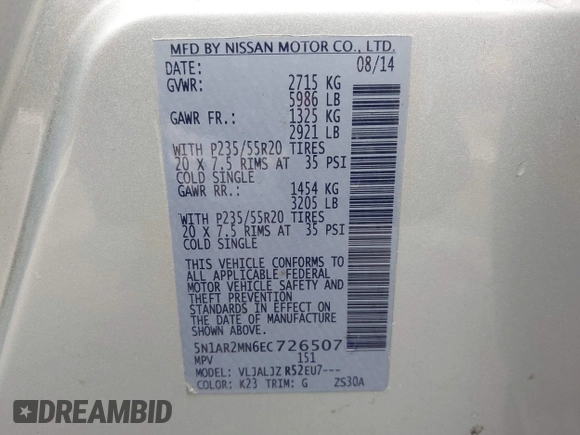 2014 Nissan Pathfinder SL with VIN 5N1AR2MN6EC726507, listed as a IAAI auction lot 42444733 with 136,280 mi miles and . Bid and sale history available at DreamBid. Image 9.