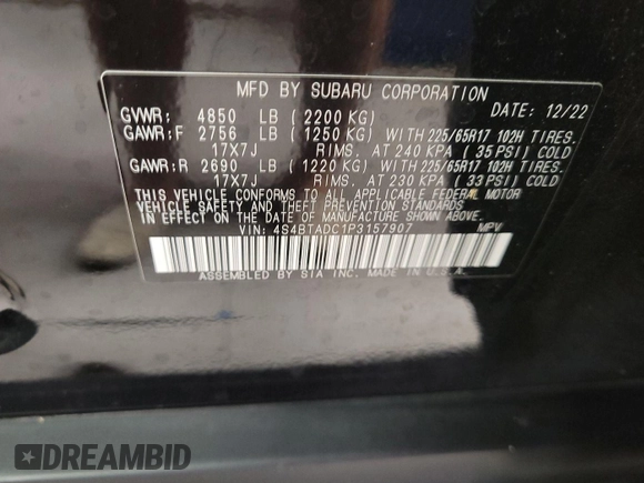 2023 Subaru Outback Premium with VIN 4S4BTADC1P3157907, listed as a IAAI auction lot 42787271 with 73,289 mi miles and . Bid and sale history available at DreamBid. Image 11.