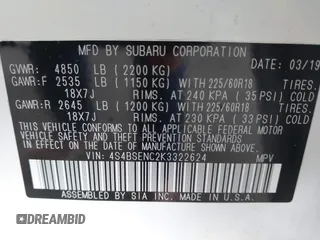 2019 Subaru Outback Limited with VIN 4S4BSENC2K3322624, listed as a IAAI auction lot 42434702 with 80,134 mi miles and . Bid and sale history available at DreamBid. Image 9.