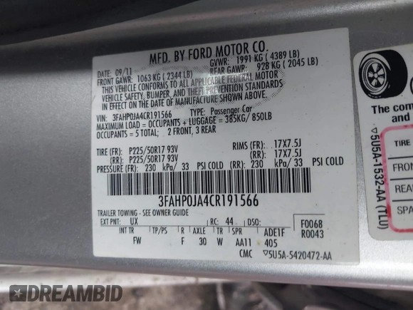 2012 Ford Fusion SEL z VIN 3FAHP0JA4CR191566, wystawiony jako IAAI lot #42358149 z przebiegiem 141 929 mil mil oraz . Historia ofert i sprzedaży dostępna na DreamBid. Obrazek 9.