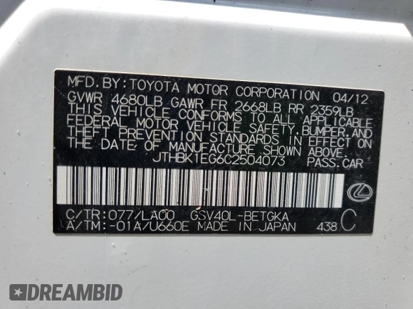 2012 Lexus ES 330 with VIN JTHBK1EG6C2504073, listed as a Copart auction lot 60984045 with Not provided miles and Salvage title. Bid and sale history available at DreamBid. Image 12.