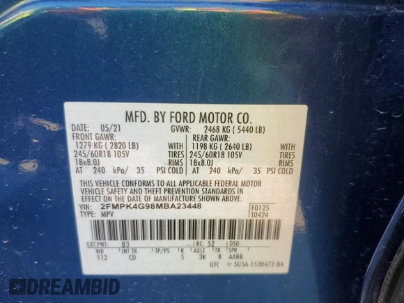2021 Ford Edge SE z VIN 2FMPK4G98MBA23448, wystawiony jako Copart lot #51810435 z przebiegiem Nie podano mil oraz Szkoda całkowita • Salvage title. Historia ofert i sprzedaży dostępna na DreamBid. Obrazek 13.