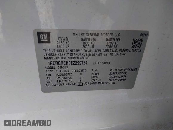 2014 Chevrolet Silverado 1500 LT with VIN 1GCRCREH0EZ399724, listed as a IAAI auction lot 41572451 with 61,799 mi miles and . Bid and sale history available at DreamBid. Image 9.