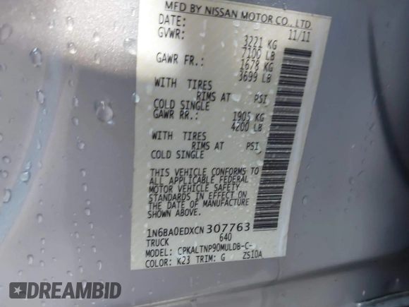 2012 Nissan Titan SV with VIN 1N6BA0EDXCN307763, listed as a IAAI auction lot 41689603 with 172,571 mi miles and . Bid and sale history available at DreamBid. Image 9.