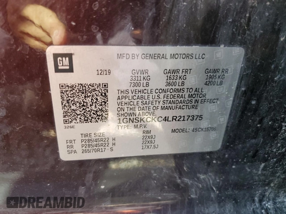 2020 Chevrolet Tahoe Premier with VIN 1GNSKCKC4LR217375, listed as a Copart auction lot 53396524 with 93,035 mi miles and Salvage title. Bid and sale history available at DreamBid. Image 13.