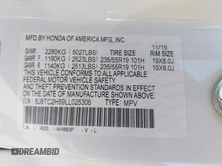 2020 Acura RDX Technology with VIN 5J8TC2H59LL025306, listed as a IAAI auction lot 40573920 with 15,545 mi miles and . Bid and sale history available at DreamBid. Image 9.