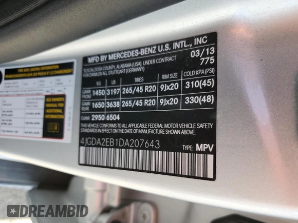 2013 Mercedes-Benz M 350 with VIN 4JGDA2EB1DA207643, listed as a Copart auction lot 67070864 with 96,038 mi miles and Salvage Title. Bid and sale history available at carsss.com. Image 13.