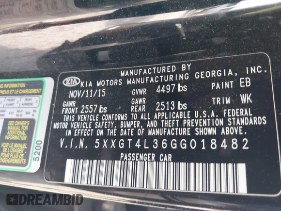 2016 Kia Optima LX with VIN 5XXGT4L36GG018482, listed as a IAAI auction lot 42618862 with 172,001 mi miles and . Bid and sale history available at DreamBid. Image 9.