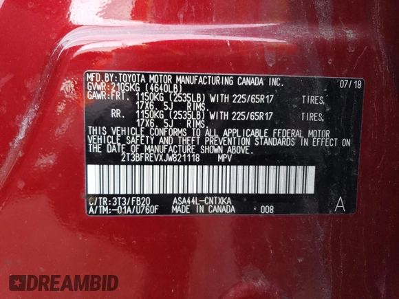 2018 Toyota RAV4 LE with VIN 2T3BFREVXJW821118, listed as a Copart auction lot 46302585 with Not Provided miles and Salvage Title. Bid and sale history available at DreamBid. Image 13.