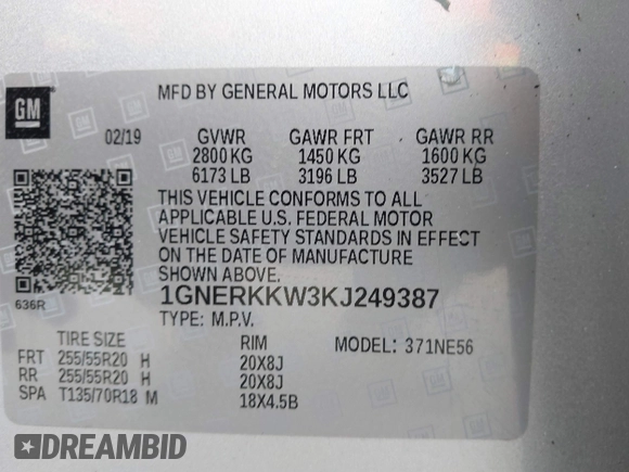 2019 Chevrolet Traverse Premier with VIN 1GNERKKW3KJ249387, listed as a IAAI auction lot 41710505 with 65,191 mi miles. Bid and sale history available at carsss.com. Image 9.