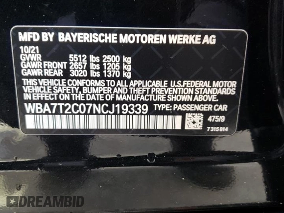 2022 BMW 7 Series 740i with VIN WBA7T2C07NCJ19339, listed as a Copart auction lot 43107493 with 19,424 mi miles. Bid and sale history available at carsss.com. Image 14.