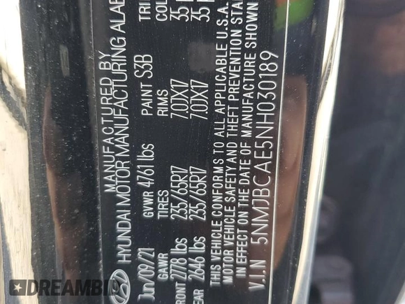 2022 Hyundai Tucson SEL with VIN 5NMJBCAE5NH030189, listed as a Copart auction lot 75327374 with 33,864 mi miles and Salvage Title. Bid and sale history available at DreamBid. Image 13.