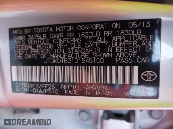 2013 Toyota Prius One z VIN JTDKDTB31D1545100, wystawiony jako IAAI lot #40760019 z przebiegiem 212 999 mil mil oraz . Historia ofert i sprzedaży dostępna na DreamBid. Obrazek 9.