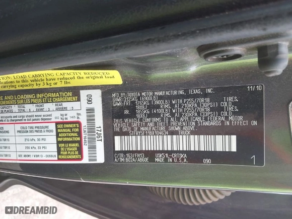 2011 Toyota Tundra 2WD Truck with VIN 5TFRY5F11BX104634, listed as a IAAI auction lot 41725622 with 204,974 mi miles. Bid and sale history available at carsss.com. Image 9.