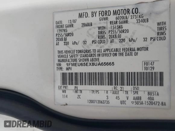 2008 Ford Explorer Limited with VIN 1FMEU65EX8UA65665, listed as a IAAI auction lot 41573015 with Not provided miles and . Bid and sale history available at DreamBid. Image 9.