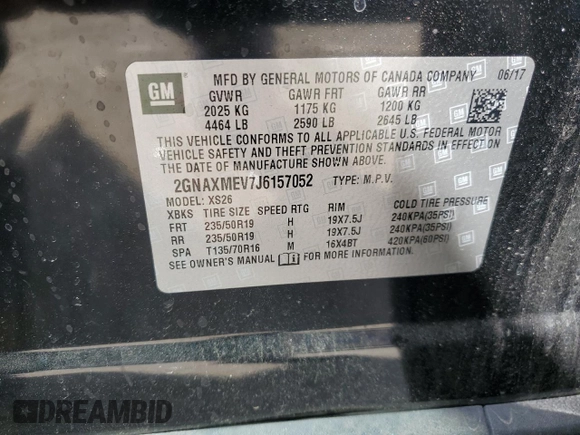2018 Chevrolet Equinox Premier with VIN 2GNAXMEV7J6157052, listed as a Copart auction lot 51359965 with 145,382 mi miles and Salvage Title. Bid and sale history available at carsss.com. Image 14.
