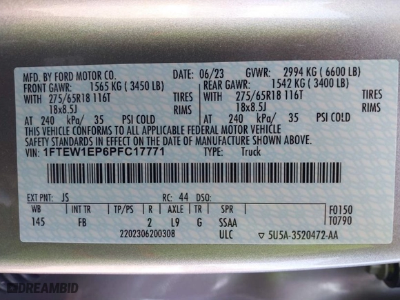 2023 Ford F-150 XL with VIN 1FTEW1EP6PFC17771, listed as a IAAI auction lot 41685177 with 24,021 mi miles. Bid and sale history available at carsss.com. Image 9.