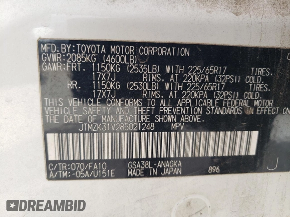 2008 Toyota RAV4 Ltd with VIN JTMZK31V285021248, listed as a Copart auction lot 48809355 with 160,863 mi miles and Salvage Title. Bid and sale history available at carsss.com. Image 16.
