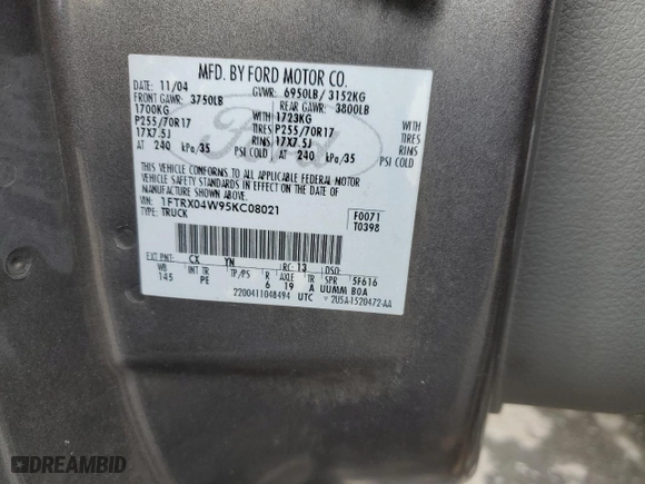 2005 Ford F-150 STX with VIN 1FTRX04W95KC08021, listed as a Copart auction lot 85448654 with 170,872 mi miles and Salvage Title. Bid and sale history available at carsss.com. Image 13.