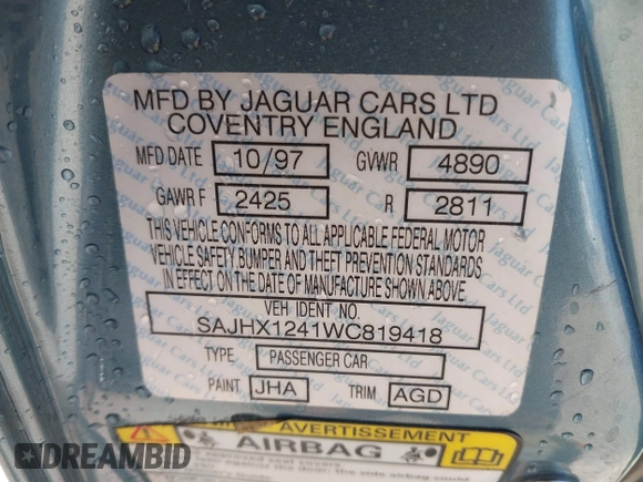 1998 Jaguar XJ with VIN SAJHX1241WC819418, listed as a IAAI auction lot 42456539 with 126,457 mi miles and . Bid and sale history available at DreamBid. Image 9.