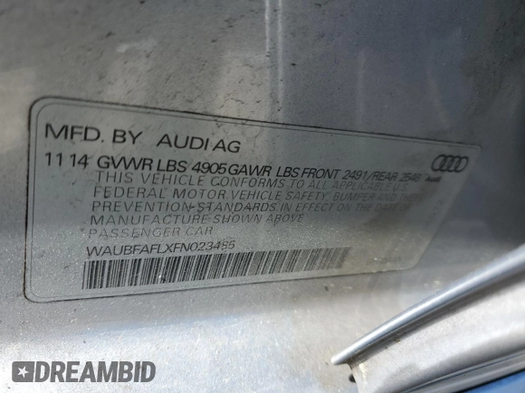 2015 Audi A4 Premium z VIN WAUBFAFLXFN023485, wystawiony jako Copart lot #51520335 z przebiegiem 85 913 mil mil oraz Szkoda całkowita • Salvage title. Historia ofert i sprzedaży dostępna na DreamBid. Obrazek 12.