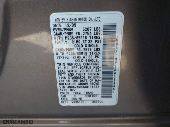 2010 Nissan Murano LE with VIN JN8AZ1MW3AW114351, listed as a IAAI auction lot 41884156 with 233,983 mi miles. Bid and sale history available at carsss.com. Image 9.