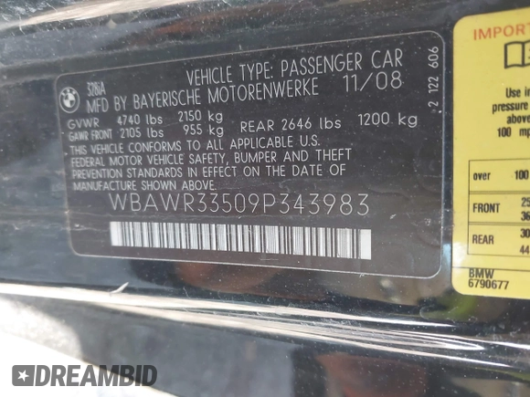 2009 BMW 3 Series 328i with VIN WBAWR33509P343983, listed as a IAAI auction lot 42034364 with 103,875 mi miles and . Bid and sale history available at DreamBid. Image 9.