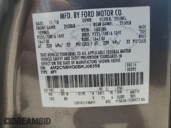2011 Mercury Mariner Premier с VIN 4M2CN8HG0BKJ08358, выставлен на аукционе Copart как лот 52669795 с пробегом 141 246 миль миль и Списание • Salvage title. История ставок и продаж доступна на DreamBid. Изображение 13.