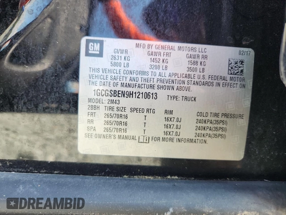 2017 Chevrolet Colorado 2WD WT with VIN 1GCGSBEN9H1210613, listed as a Copart auction lot 64008145 with 179,063 mi miles and Salvage title. Bid and sale history available at DreamBid. Image 12.