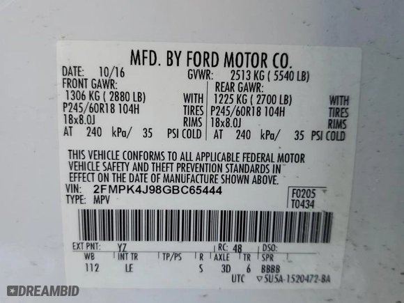 2016 Ford Edge SEL with VIN 2FMPK4J98GBC65444, listed as a Copart auction lot 42409465 with 96,860 mi miles and Non Repairable. Bid and sale history available at carsss.com. Image 14.