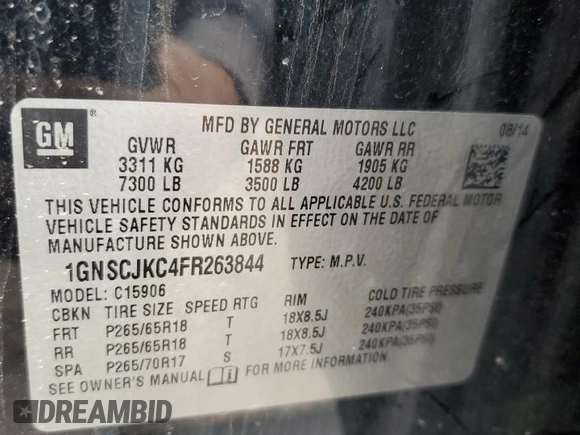 2015 Chevrolet Suburban LT with VIN 1GNSCJKC4FR263844, listed as a Copart auction lot 49231755 with Not provided miles and Salvage title. Bid and sale history available at DreamBid. Image 13.