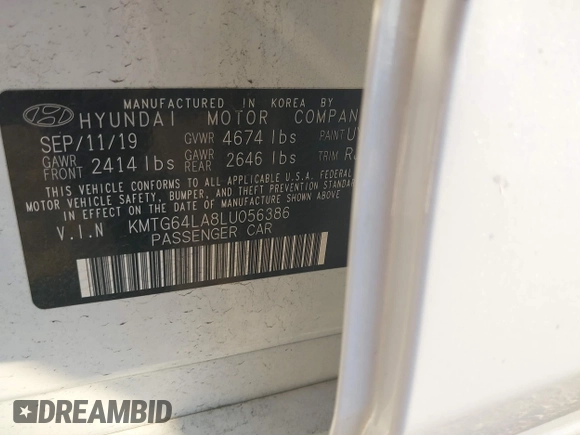 2020 Genesis G70 2.0T with VIN KMTG64LA8LU056386, listed as a IAAI auction lot 41164341 with 48,943 mi miles and . Bid and sale history available at DreamBid. Image 9.